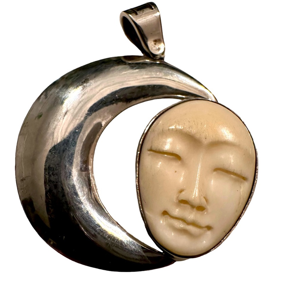 Crescent Moon & Face Sterling Silver Pendant